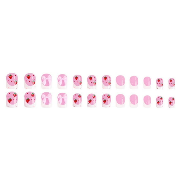 Hearth & Gear Short Glossy French Bowknot Strawberry Wearable Nails 24 Gel Nail Covers for Cats Toenail Tips Half Cover Coffin Nails Long Clear Nails for Kids with Glue Medium Length Nails Flake