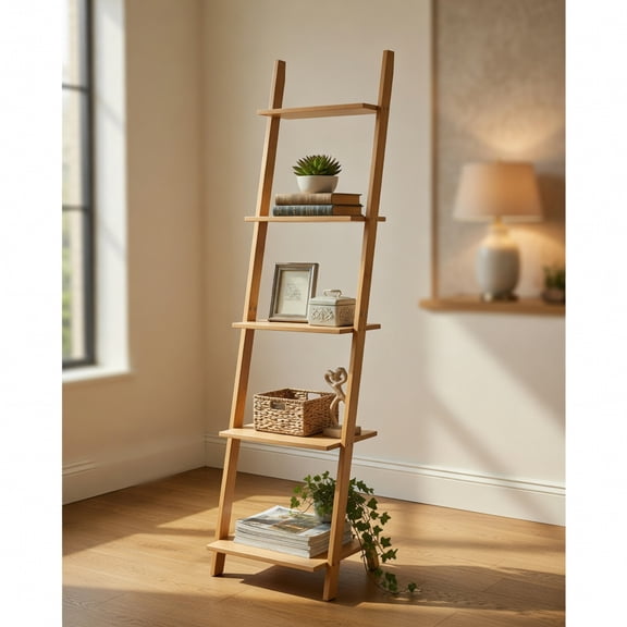 Topcobe 5-Tier Modern Bamboo Wall-Leaning Display Ladder Bookshelf, Tall Bookshelf Modern Book Case for Books, CDs, Movies