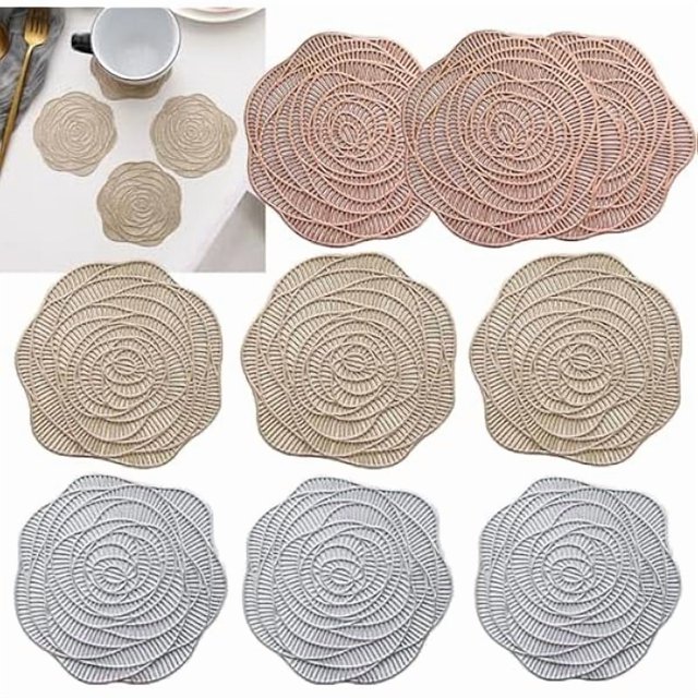 wonima44 9 Pcs Elegant Luxury Gold Stamping Coasters Drink Absorbent Thin Rose Leaves Coasters for Coffee Wooden Table Cork Heat-Resistant Reusable Drink Coaster, Housewarming Kitchen Bar -Rose
