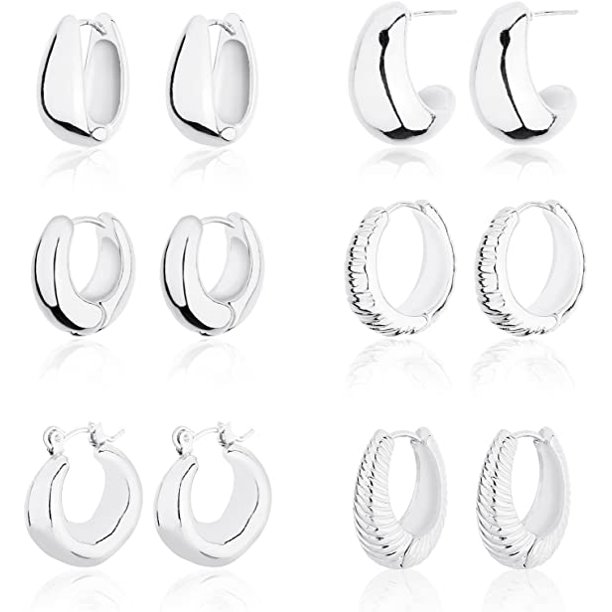 Wgoud 14K Gold Hoop Earrings for Women Hypoallergenic, 6 Pack Chunky Huggie Hoops Earring Set