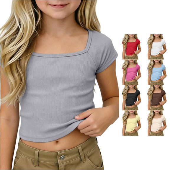 Yuhangmm Shirts for Girls, Girls Ribbed Knit Crop Top Short Sleeve Tee Square Neck Raglan Basic Casual Shirt For Kids Toddler Youth 4 Years Girls Clothes Grey 9-10 Years