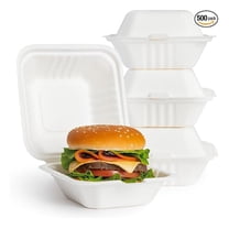 Pack of 500 To Go Food Containers 6 x 6, Clamshell Take Out Containers, Compostable To Go Boxes for Food, Disposable To Go Containers, 100% Biodegradable Sugarcane Microwave Safe