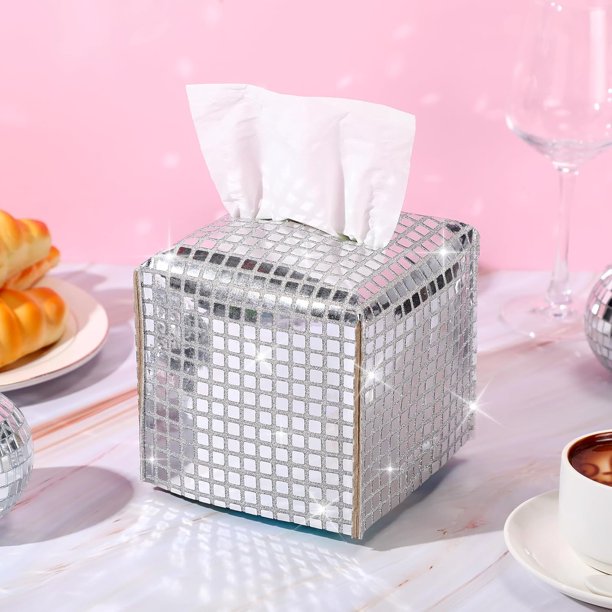 Funda de caja de papel de bola de discoteca, cuadrada, con lentejuelas plateadas, para cubos de papel decorativo, con purpurina, organizr de cubos para baño, encimera, mesa, mesas de