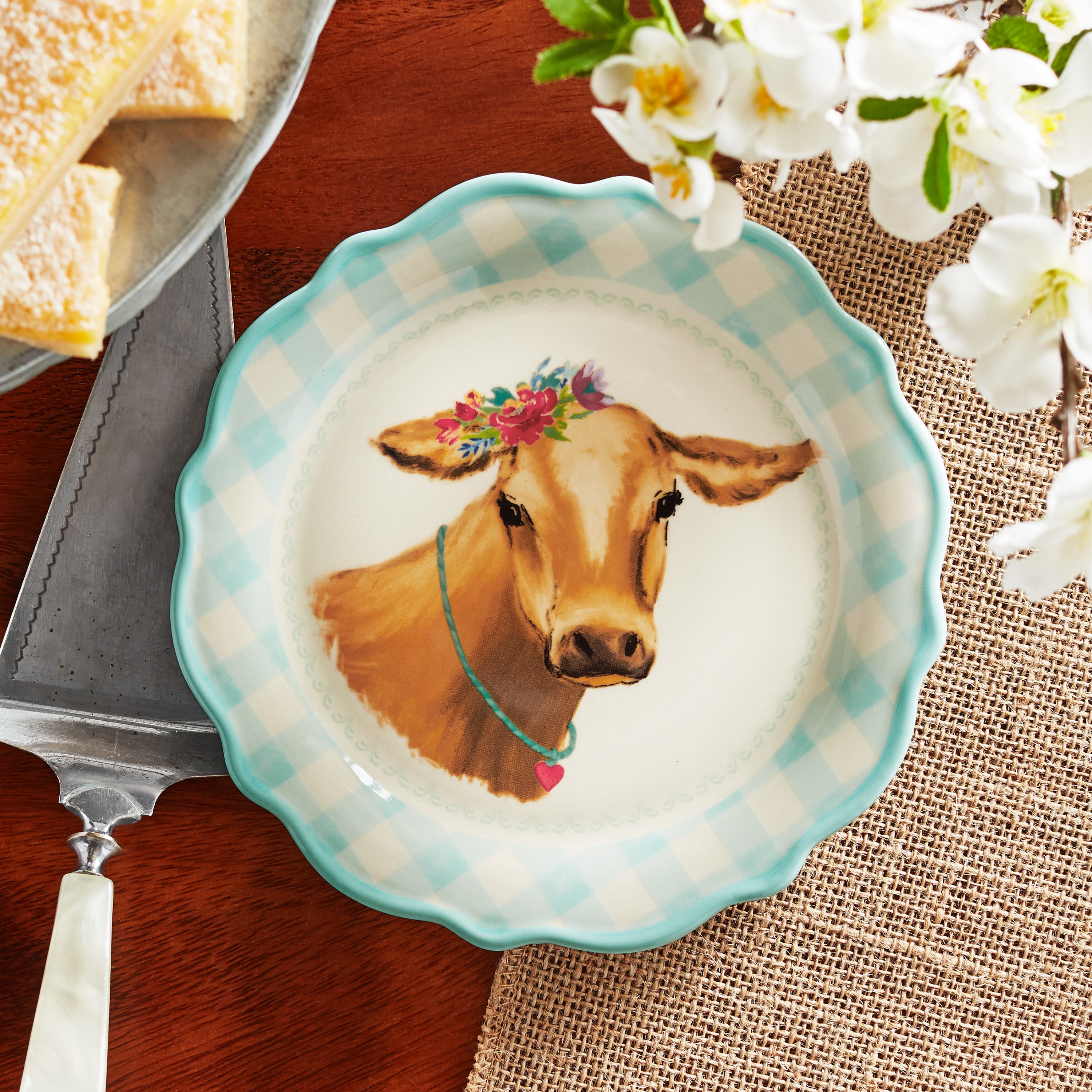(2 pack) The Pioneer Woman Light Blue Gingham with Brown Cow Decal Appetizer Plate