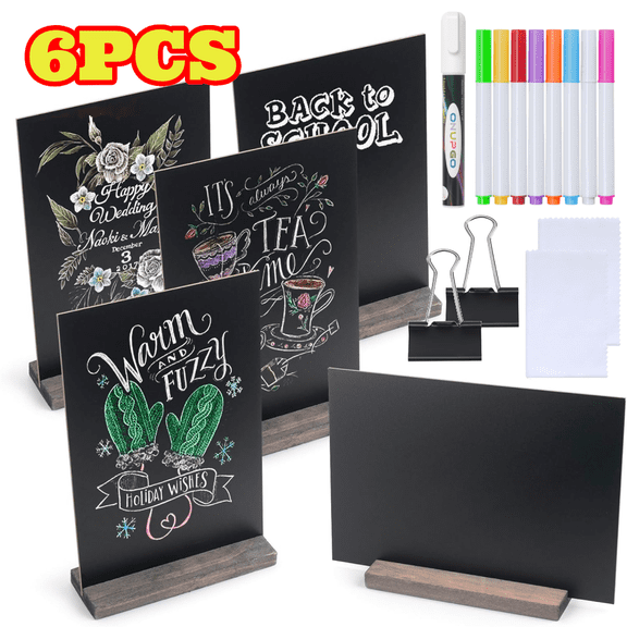 6pcs Mini Chalkboard Signs, 6" x 9" Vintage Tabletop Chalk Board Sign with Base Stand, Double Side Menu Boards for Party Wedding Bar and Restaurant