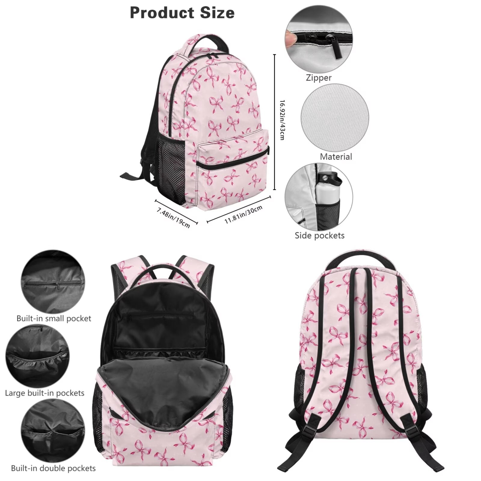 Pzuqiu Pink Bow Print Backpack for Girls 5 Piece School Bookbag with Lunch Bag Lightweight School Bag for Girls 10-12 Elementary Backpack with Water Bottle Holder Pencil Box