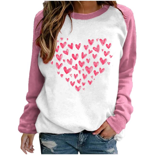 Cameland Rabais Saint-Valentin Femmes Mignon Rouge Cœur Graphique T-Shirts Raglan Manches Longues Col Rond Chandails en Molleton Ample Décontracté Tops Rose