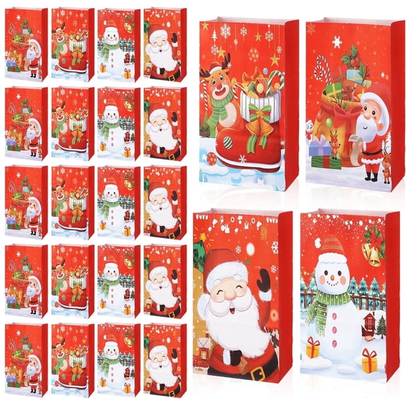 AOWOO 24 Pack Christmas Paper Candy Bags, Christmas Gift Bags, Christmas Party Favor Bags, Christmas Candy Treat Bags for Kids, Christmas Cookies Goodies Wrapping Bags