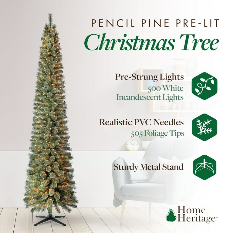 Home Heritage 9ft Pre-Lit Pencil Slim Pine Artificial Christmas