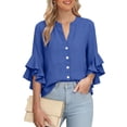 thumbnail image 5 of Only Moment Button Down Shirts for Women Long Sleeve V Neck Ruffle Sleeves Cotton and Linen/Wash Water Wrinkled Cloth Classic Fit Dress Shirt Work Business Casual Long Sleeve Blouse Tops Blue,M, 5 of 9