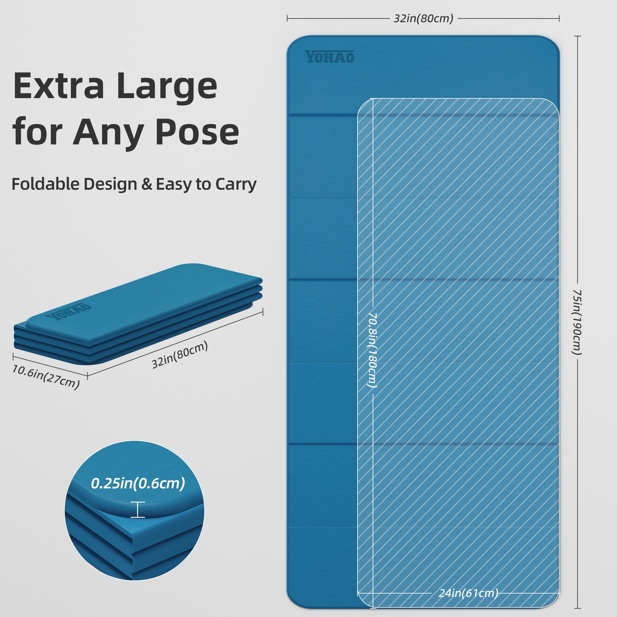 YOHAO Yoga Mat,Large Size:75"×32",Foldable Workout Mat for Yoga,Pilates and Travel,Anti-rolling,Non-slip,Easy Unfold and Storage(Blue)