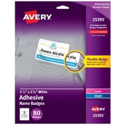 Avery Adhesive Name Badges, 2-1/3" x 3-3/8", White, Film, 80 Name Badges