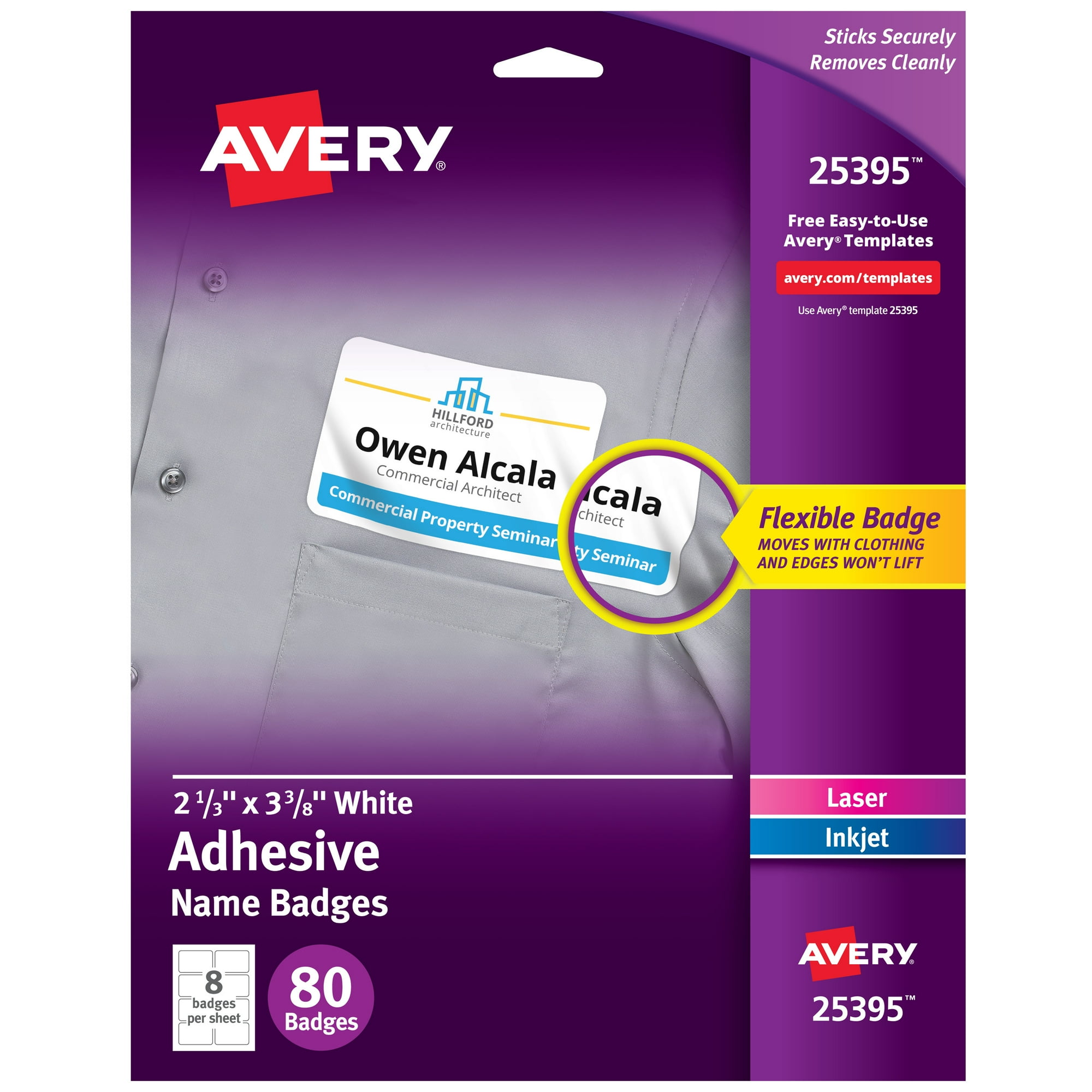 Avery Flexible Name Badges, 2-1/3" x 3-3/8", Matte, 80ct (25395)