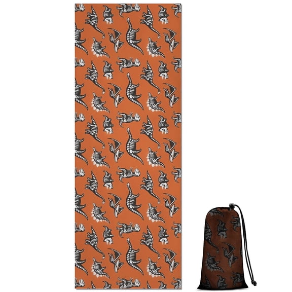 Orange Dinosaurs Skeletons Pattern Hot Yoga Mat Towel Non Slip for Hot Yoga - Quick-Drying Yoga Mat Cover with 4 Corner Pockets with Travel Bag - Hot Yoga Towel Non Slip 70"x26"