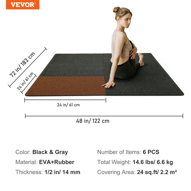 VEVOR 6 PCS 1/2 inch Thick Gym Floor Mats, 24 x 24 EVA Foam & Rubber Top  Interlocking Workout Floor Mats with 24 sq.ft Coverage, Waterproof Exercise  Puzzle Flooring for Gym, Home