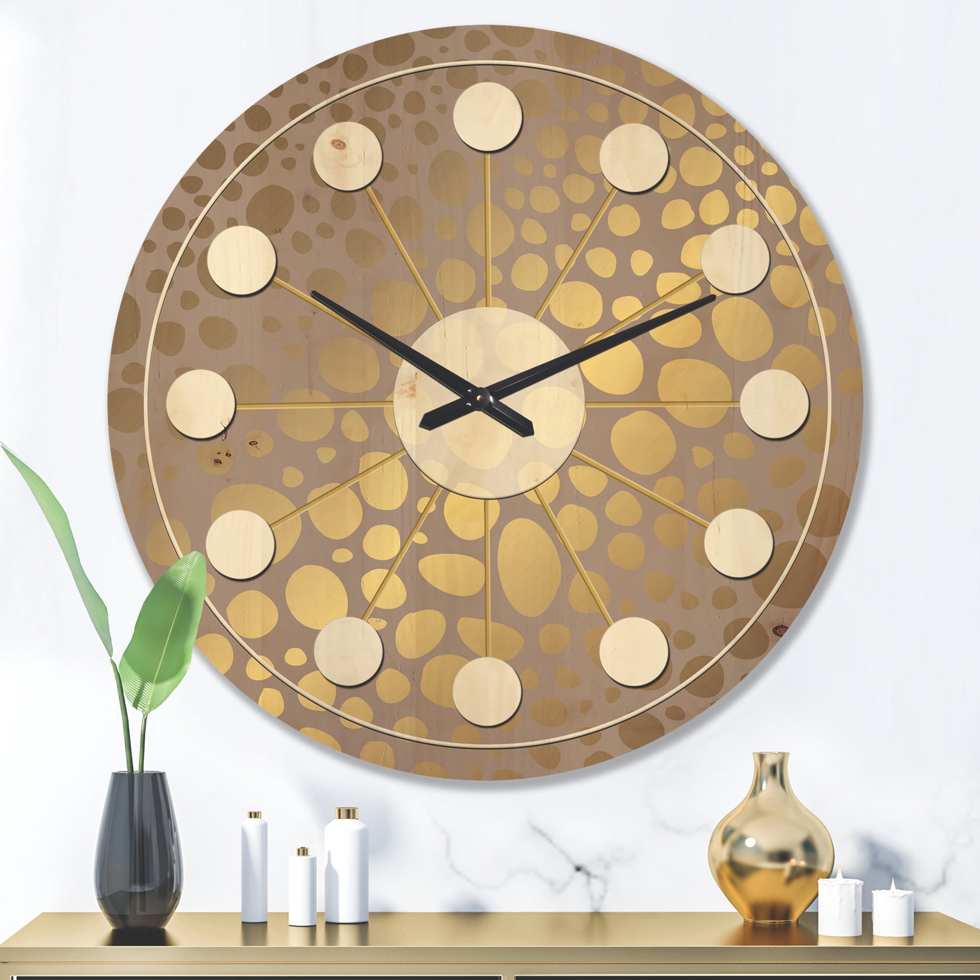 Designart 'Golden Colored Marble Design III' Mid-Century Modern Wood Wall Clock