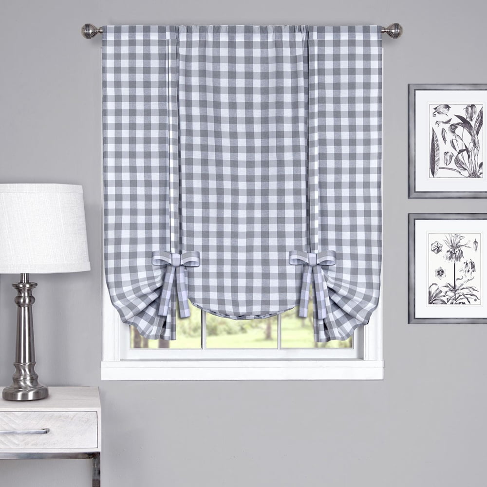 Woven Trends Farmhouse Curtains Kitchen Décor, Buffalo Plaid Shades, Classic Country Plaid Gingham Checkered Design, Farmhouse Décor, Window Curtain Treatments (Gray, Tie-Up Shade)