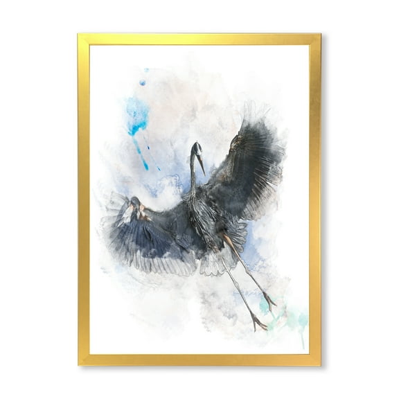 Designart 'Great Dark Blue Heron Bird Illustration' Farmhouse Framed Art Print
