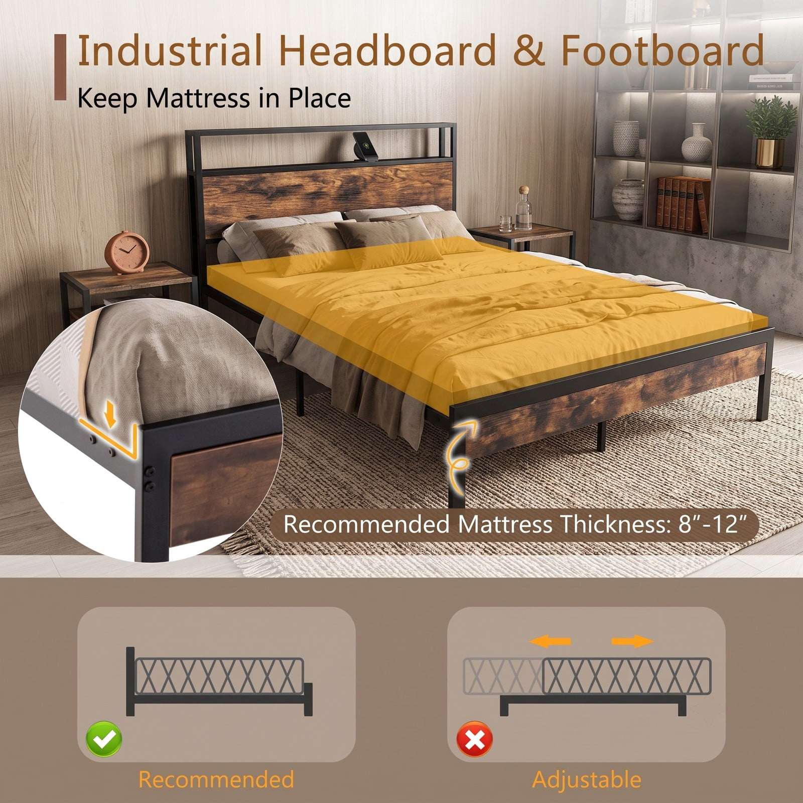 Furnibear Queen Bed Frame with Storage Headboard, Charging Station and USB Ports, Metal Platform Bed, No Box Spring Needed, Rustic Brown and Black