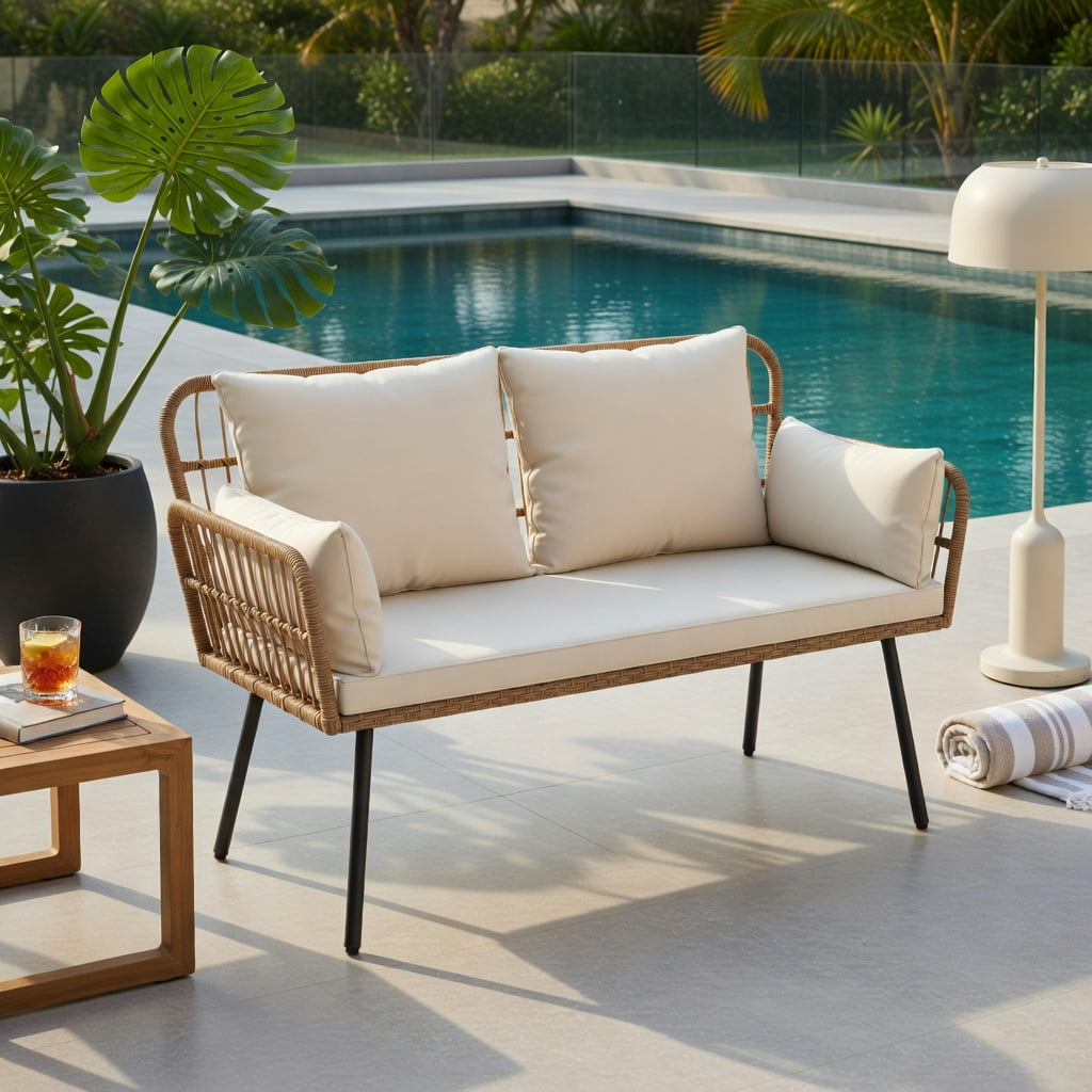 Hommoo Hommoo 2-Person Outdoor PE Rattan Loveseat with Removable Cushions, Heavy-Duty Metal Frame, Ergonomic Backrest, Off-White