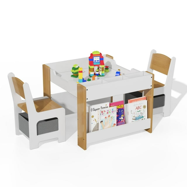 Yeshouse Juego de mesa y sillas infantil con cajones, tablero desmontable, estantería y 2 sillas para niños