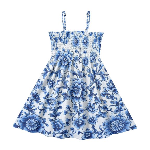 Blue and White Porcelain Girls' Casual Dresses 2Y-8Y Sleeveless Ruffle Neck for Summer Daily Wear
