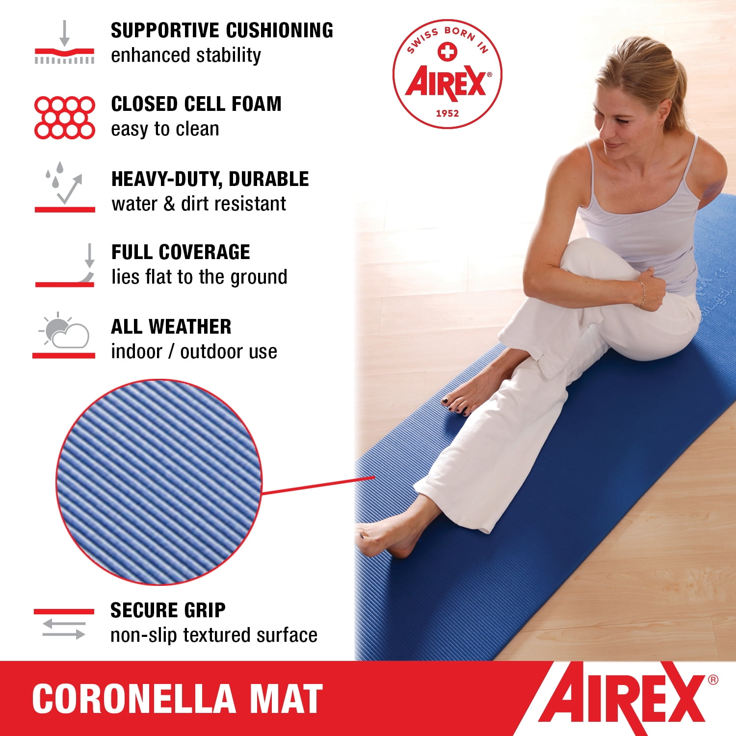 AIREX Coronella Premium Exercise Mat Fitness for Yoga, Physical Therapy, Rehabilitation, Balance & Stability Exercises, Pilates, Aerobics