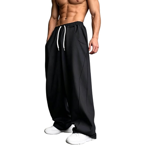 Luvrsol Mens Sweatpants Casual Solid Wide Leg Drawstring Elastic Waist Loose Long Pants with Pocket S-3XL