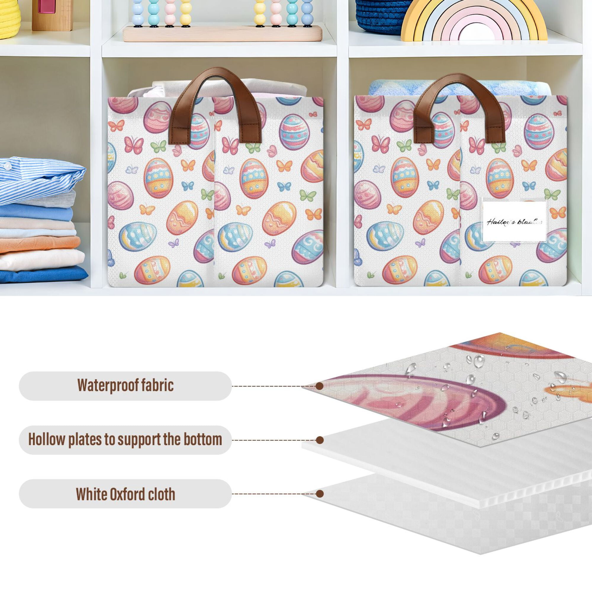 Yayeee Foldable Storage Basket for Shelves Waterproof Cloth Bins with Handles, Pastel Easter Pattern