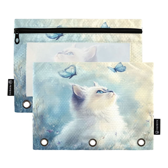 Wobogo Pretty White Ragdoll Cat Pencil Pouch with 3 Ring Binder Holes Set of 2 for Learning Tools