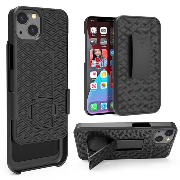 Compatible for Apple iPhone 13 Case with Tempered Glass Screen Protector Belt Clip Holster Protection Phone Cover [Black]