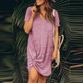 thumbnail image 2 of Robes d'Été pour Femmes 2022 Mode pour Femmes Couleur Unie Nœud à Nouer Col en V Manches Courtes Robe Décontractée, 2 of 8