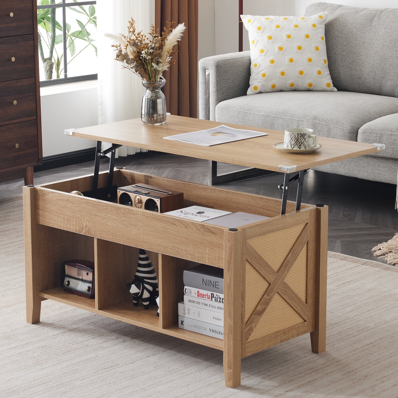 Ktaxon Mid-Century Lift Top Coffee Table, Multi-Functional Lift Tabletop Center Table for Living Room with Hidden Storage Compartment & 3 Cube Shelves, Walnut