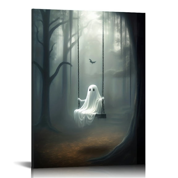 Vintage Halloween The Ghost on the Swing Canvas Wall Art Painting ，Gothic Print Pictures for Home Wall Decor Horror Creepy Dark Posters for Living Bedroom Room Bar Home Halloween Party Decor Framed