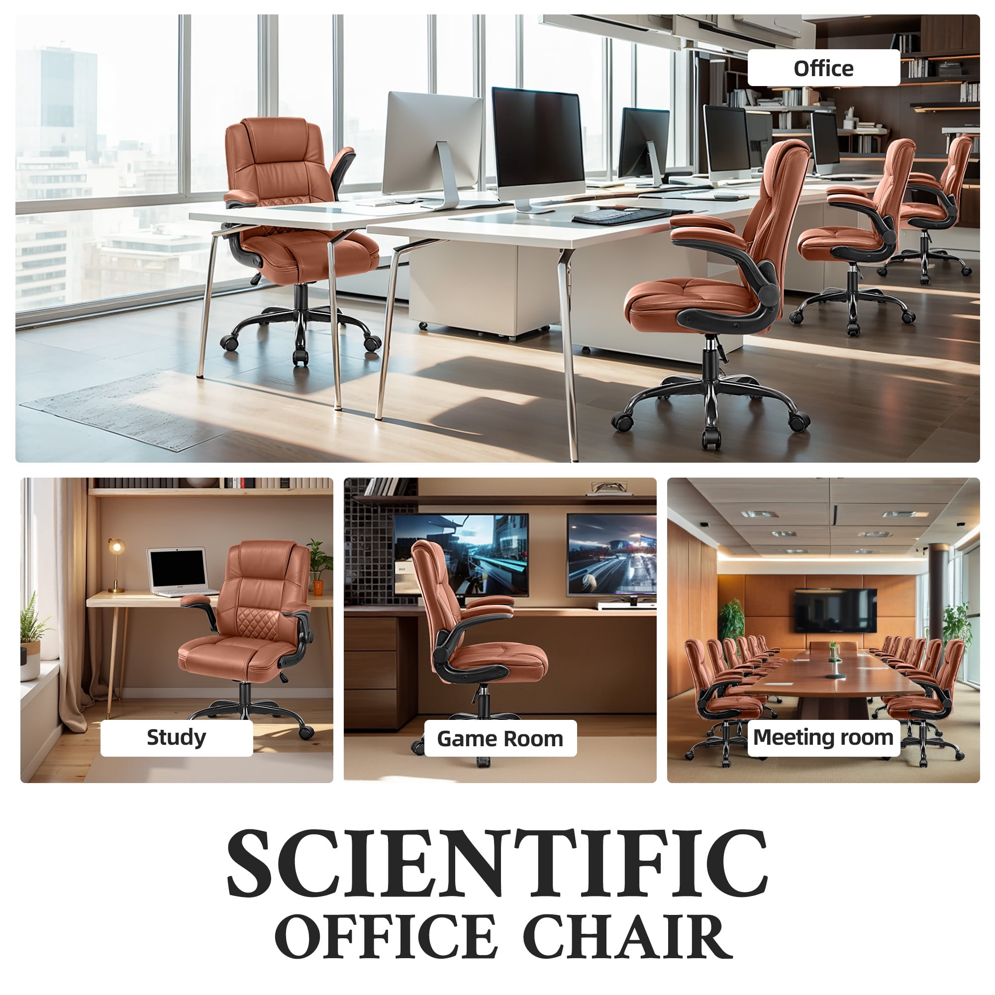 ALLGOD Leather Office Chair 400lbs, Ergonomic Desk Chairs with Back Support, Computer Chair with Wheels and Adjustable Armrest for Home Office, 360°Swivel Free, Brown