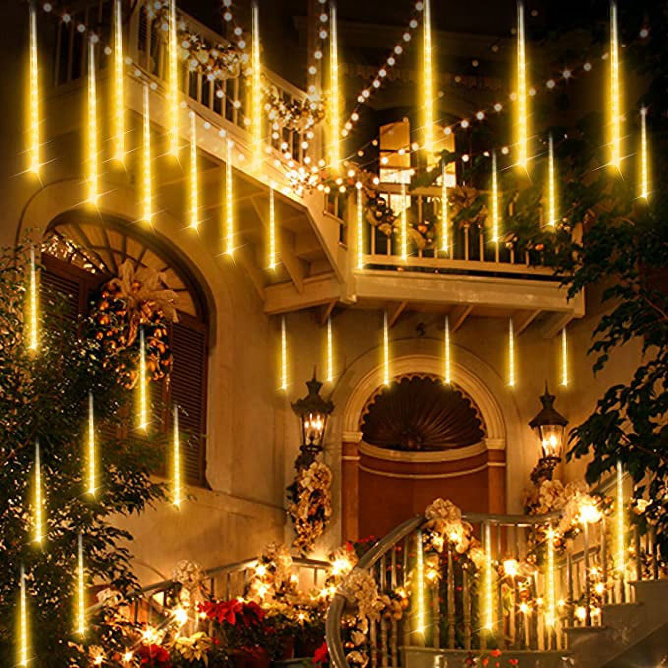 DONGPAI Meteor Shower Lights Outdoor, 11.8 Inch 8 Tube Icicle Lights, Waterproof Meteor Christmas Lights Outdoor, Hanging Falling Rain Lights for Xmas Tree Outside Holiday Decoration