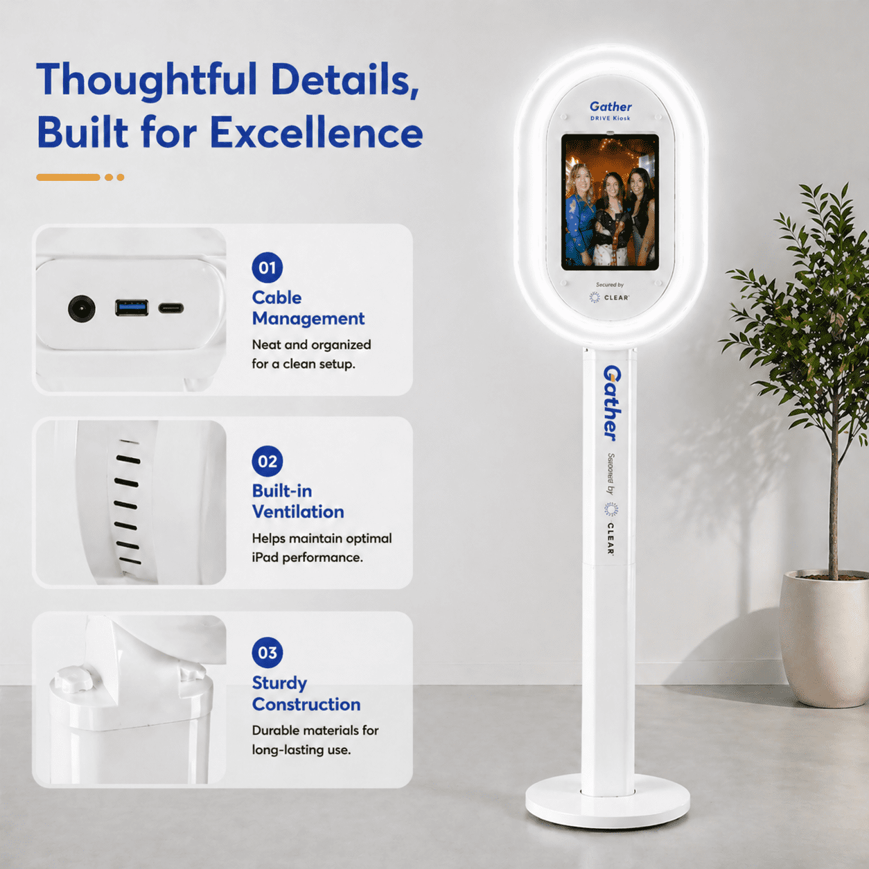 iPad Photo Booth Stand with White Ring Light, Selfie Station Kiosk for 12.9" and 13" iPads, Stable No-Wheel Floor Stand for Weddings, Parties, Events, Tablet Not Included