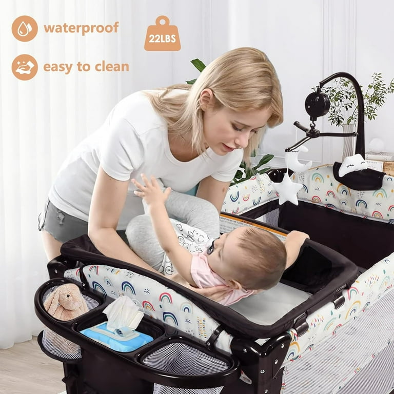 Kinder King 4 in 1 Portable Nursery Center Baby Bedside Crib w Bassinet Infant Pack n Play Toddler Large Playpen Newborn Changing Table Storage Basket Side Zipper Multicolour Walmart