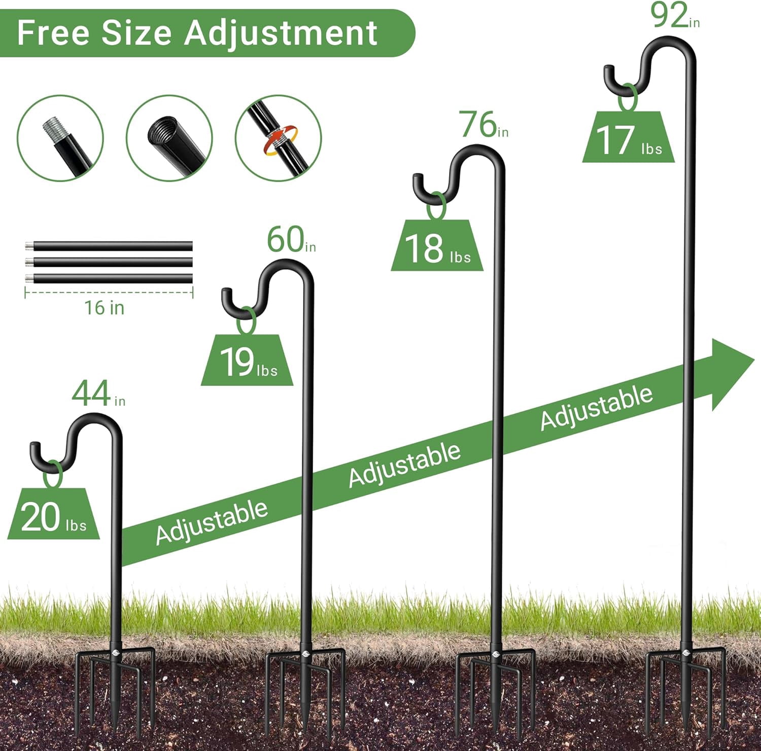 76" Shepherds Hooks for Outdoor, Extra Thick Bird Feeder Pole with 5 Prong Base, Adjustable Shepards Hook for Garden, Weddings, Hanging Plant