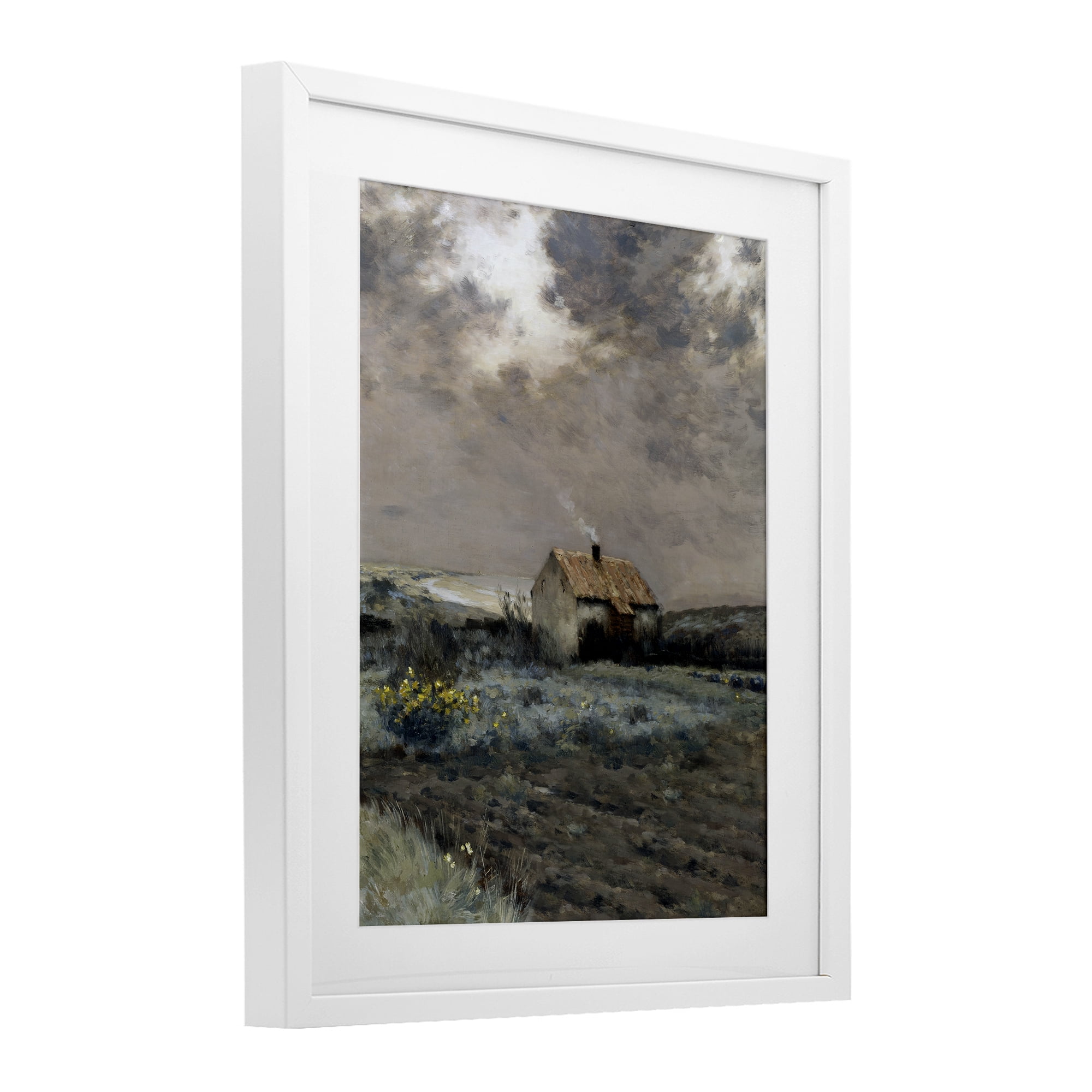 Cabin in Overcast Field White Framed Print Under Glass, design by Lettered and Lined