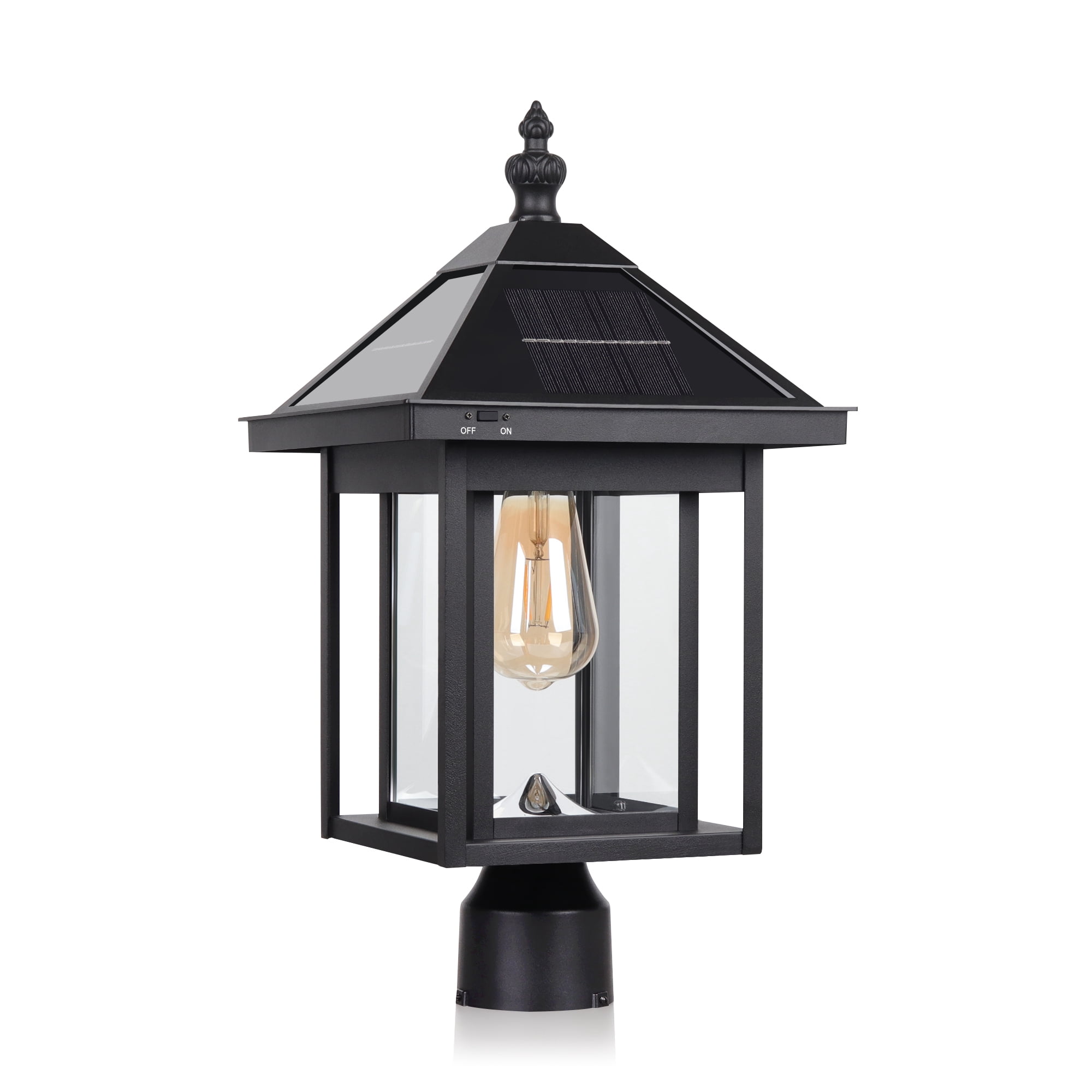 KMC LIGHTING ST4343Q-B Solar Post Lights Outdoor Die-cast Aluminum LED Solar Lamp Post Light Waterproof LED Pillar Lights with Real Glass for Patio Yard Driveway Garden Porch