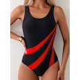 thumbnail image 3 of Contrast Color One-piece Swimsuit, Round Neck Tummy Control High Cut Competitive Bathing Suits, Women's Swimwear & Clothing, 3 of 5