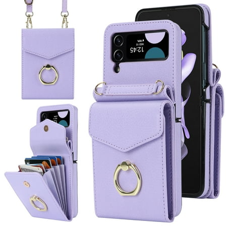 ELEHOLD Luxury Wallet Case for Samsung Galaxy Z Flip 3,with Organ Card Slots RFID Blocking Metal Ring Holder Crossbody Shoulder Strap Leather Purse Case for Women Girls,Purple