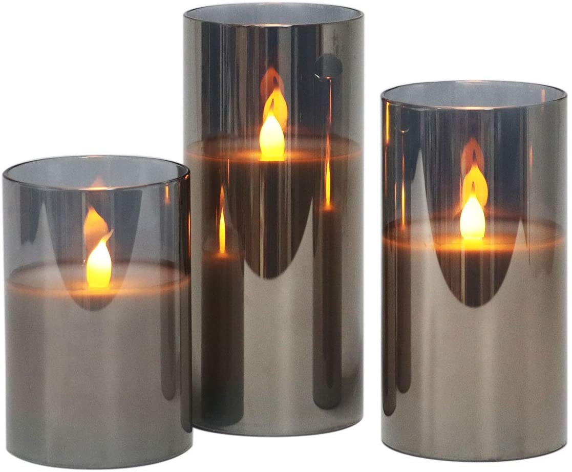 Evenice Flameless Candles Flickering Light Pillar Candles Real Smooth Wax for Gifts and Decoration,Pack of 2,Grey