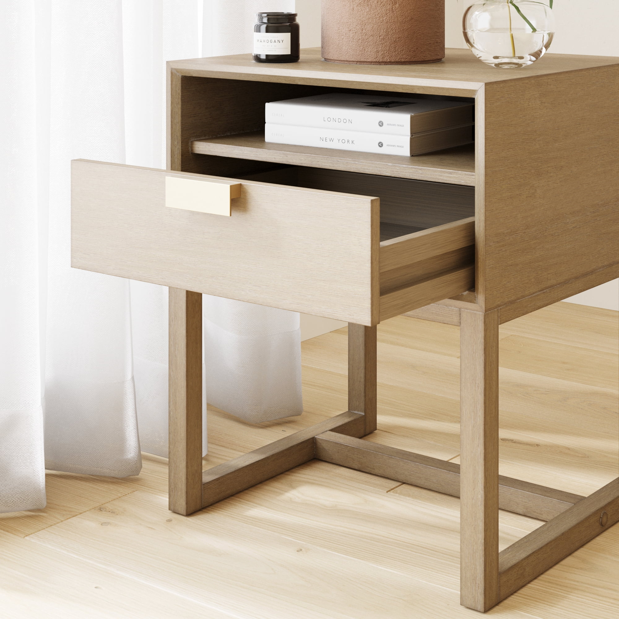 Nathan James Luke Light Brown Wood Nightstand Bed Side Table, Side Sofa End Table with Storage Drawer and Cubby
