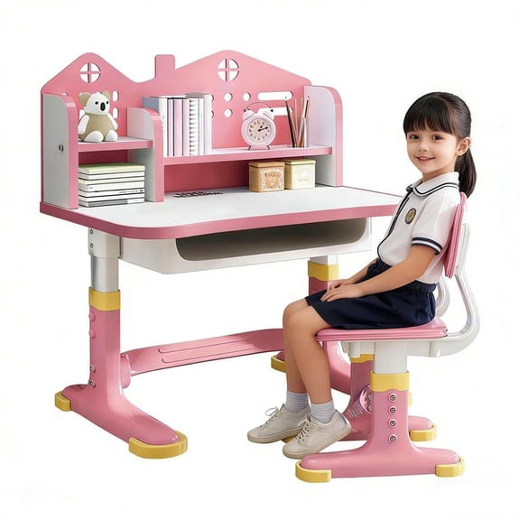 YNCE Kids Desk and Chair Set, Ergonomic Height Adjustable, Study Desk with Bookshelf, Book Stand, Metal Hook and Storage Drawer for Boys Girls,Student Writing Desks for 5-12 Years