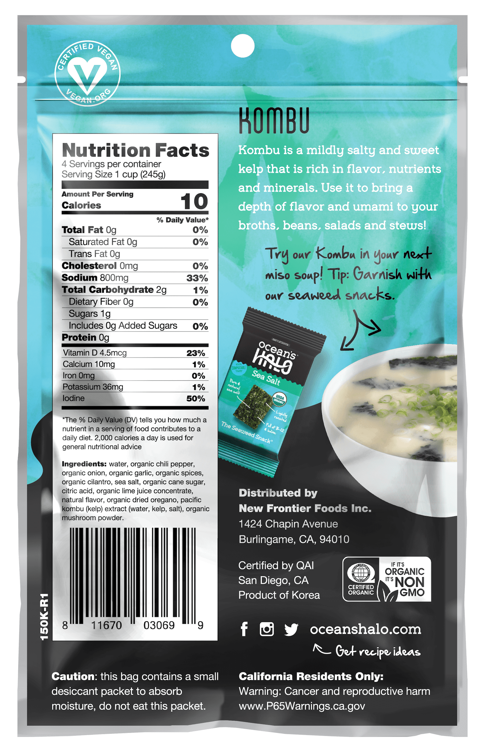 Ocean's Halo Organic Pacific Kombu Seaweed, Great for Miso Soup, Shelf-Stable Dried, 1.76 Ounces
