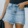 thumbnail image 5 of vigerkar Women's Sexy Mid Waist Denim Frayed Raw Hem Ripped Stretchy Jean Skirts Blue, XL, 5 of 8