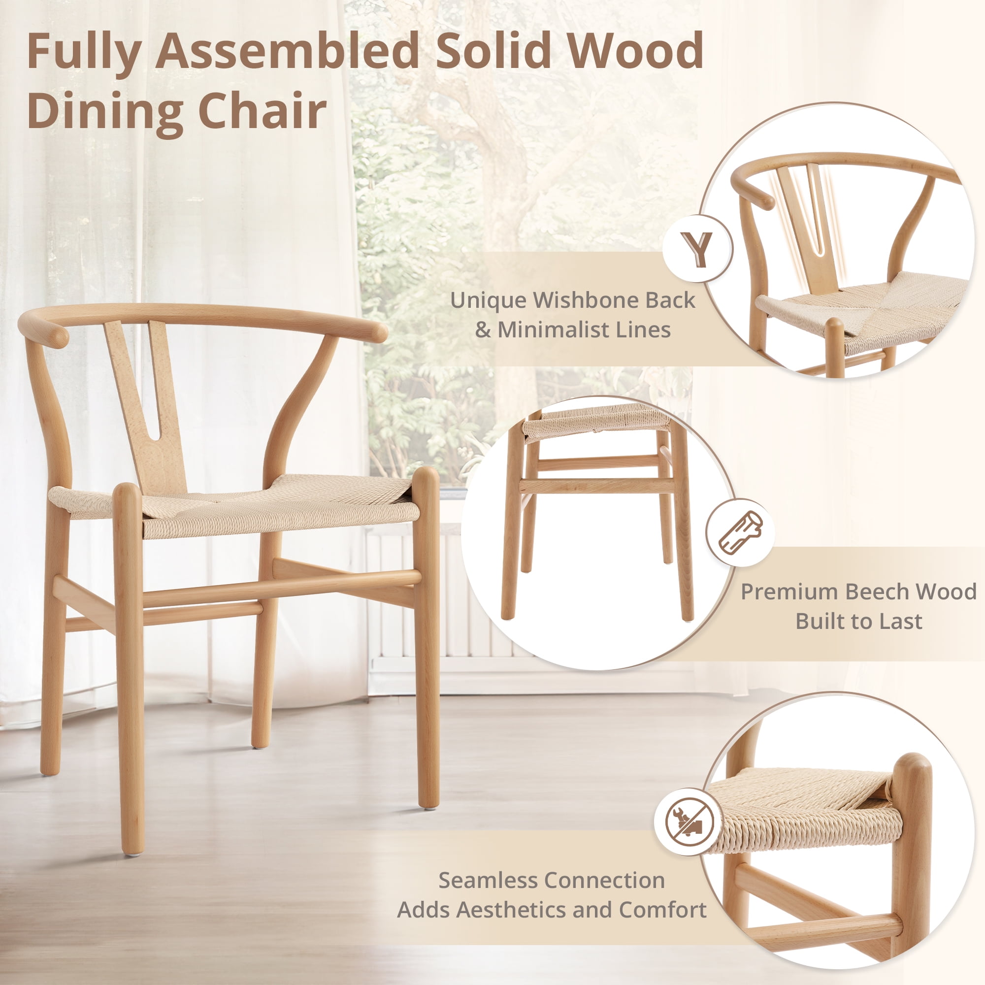 DYCANPO Wood Dining Chairs Set of 4, Mid Century Modern Y-Shaped Backrest, Fully Assembled, Natural