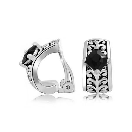 Black Clip Earrings (Bali Style Black Crystal Vines Scroll Half Hoop Clip On Earrings Non Pierced Ears Black Oxidized Silver Plated)